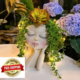 B0byrvk7c9 Asdfg Solar Face Head Planter Pot With Led String Lights For Succulents And Plants