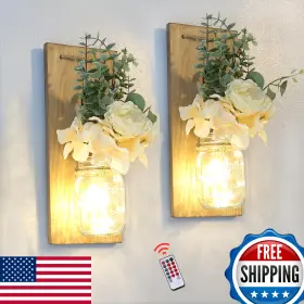 B09s8l42ly Besuerte Rustic Farmhouse Mason Jar Wall Sconces - Led Lights And Flowers Set Of