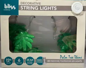 Bliss 842470129955 Outdoors Decorative String Lights Palm Tree Theme 20 Led 12ft