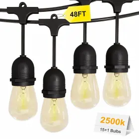 Bw-e26-18-15-11 Bnolio Outdoor String Lights 48ft S14 Globe Patio With 15 Edison Plastic Bulb