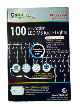 8-function Color Sync 78-781 100 Led M5 Icicle Lights Dual Blue White New