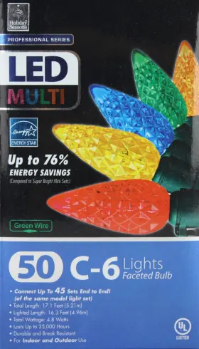 467022 East West Distribution Co Holiday Seasons Led Multi Colored 50 Faceted C-6 Lights Bulbs Green Wire Nib