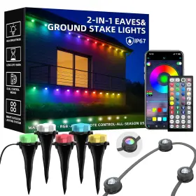 Geodurn Dcd-15m 50ft 2-in-1 Eaves And Ground Stakes Led String Lights Outdoor Rgb Black