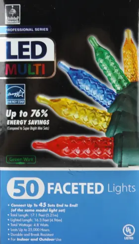 Holiday Seasons 049022504332 50 Multi Colored Faceted Lights Bulbs Green Wire Nib