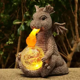 M7077 Mopha Solar Garden Outdoor Statues Dragon Holding Magic Orb With Led Li
