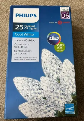 Philips 445154326885 25ct. Led Faceted C9 String Lights - Cool White Nib Tested Works Philips 445154326885 25ct. Led Faceted C9 String Lights - Cool White Nib Tested Works