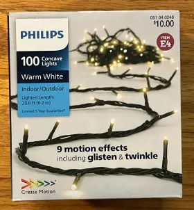 Philips 689720593049 100 Concave Led Warm White 9 Motion Effects 1 Box Mini String Lights Nib