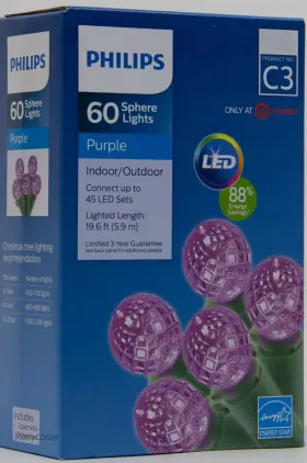 718721-101 Philips Led 60 Purple Sphere Lights Bulbs Green Wire 19 Ft Lighted Length 718721-101 Philips Led 60 Purple Sphere Lights Bulbs Green Wire 19 Ft Lighted Length