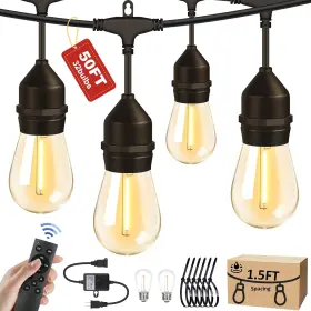 S14-48ft-32t Porbench 50ft Outdoor String Lights With 32 2 Bulbs 1.5ft Spacing Remote And Dimme