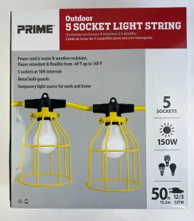 Lsugm830 Prime 50 Ft. 12/3/sjtw 5-light Indoor Outdoor Cage Work String Lights