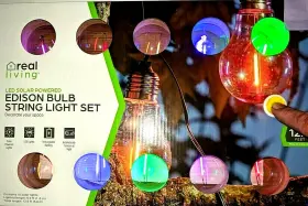 Real Living 481049258100 Solar Led Patio String Lights Multicolor Retro Edison Filament Round Globes New