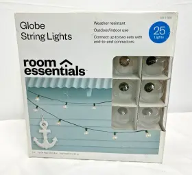 009110805 Room Essentials 25 Clear G40 Globe Bulb String Lights Indoor/outdoor Patio Green Wire 21ft New