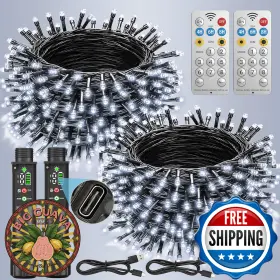 B0fn42tbkv Soiarllt 2-pack 66ft 200 Led Rechargeable Battery Twinkle Lights With Remote Cool White