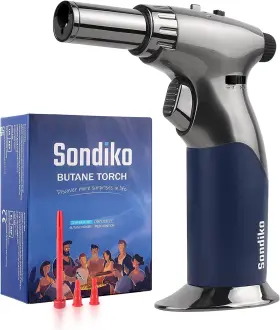 Sondiko 788505374108 Dual Adjustable Flame Butane Torch Lighter Mini Small Grey And Blue
