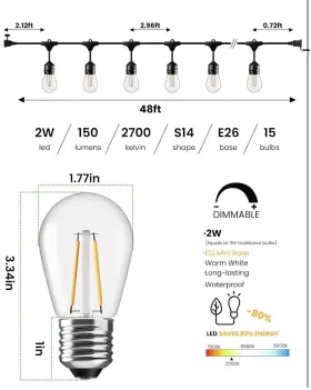 Hu-xi-201 Svater 96ft Outdoor String Lights 2w Patio 30 Antique S14 Led New/ob