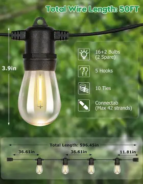Gls-20j2p-e17-s14-16 Tdlol 50ft Outdoor Led String Lights Shatterproof Waterproof Expandable - New