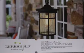 Threshold 490091120457 Black Finish Metal And Crackle Glass Outdoor Pendant Light Nib