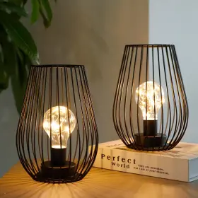 B0dd7b4lf3 Trirocks 8 Inch Tall Black Metal Cage Cordless Table Lamp Set Of 2 Fairy Lights Batt