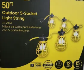 0608394 Utilitech 50ft Outdoor 5 Socket Caged Light String Cord 12 Awg 15 Amp