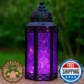 B078nhpfvf Vela Lanterns 10.5 Inch Purple Metal Moroccan Candle Lantern With Led Twinkle Fairy Lights Remote