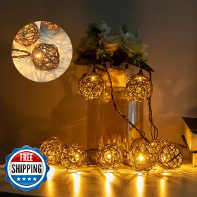 B08pz31pl1 Vigdur Rattan Ball String Lights Boho Lantern With 10 Led Bulbs C