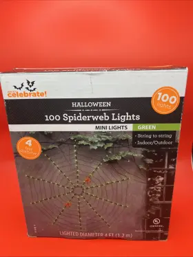 65-639a Way To Celebrate Halloween Led Spider Web Mini Lights Green Used