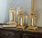 Home Reflections Set Of 3 Indoor/outdoor 9" Taper Candle Glass Lanterns Gold New. Price: $50.00.